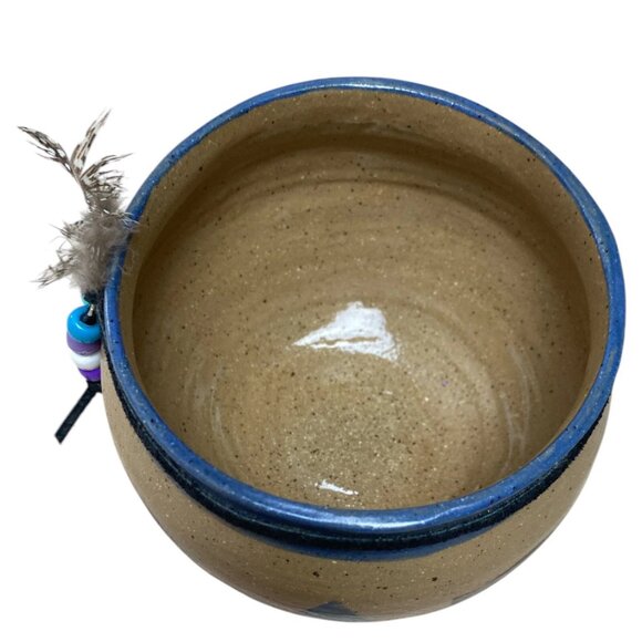 Southwestern Handmade Bear Pottery Bowl Planter with Beads & Feathers - Picture 7 of 8